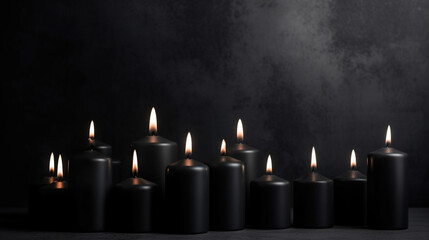 Rows of black burning candles on a black background