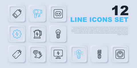 Set line LED light bulb, Power button, Electric kettle, Creative lamp idea, Gear and lightning, glove, Hair dryer and Smart Tv icon. Vector
