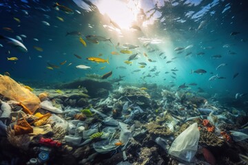 Plastic rubbish floating underwater littering the ocean Destructive human impact on the natural environment