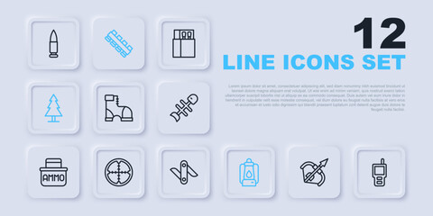 Set line Medieval bow and arrow, Walkie talkie, Hunter boots, Camping lantern, Tree, Sniper optical sight, Hunting cartridge belt and Swiss army knife icon. Vector