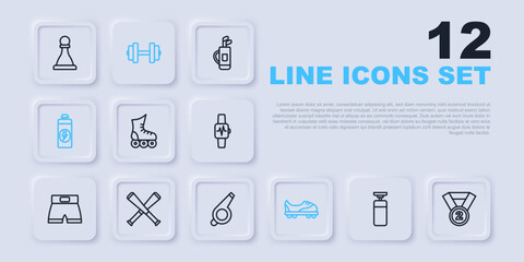 Set line Punching bag, Medal, Roller skate, Football shoes, Fitness shaker, Crossed baseball bat, Dumbbell and Whistle icon. Vector