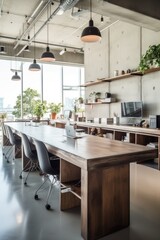 Concrete walls modern work office, wooden deck in a clean and bright environment. Generative AI