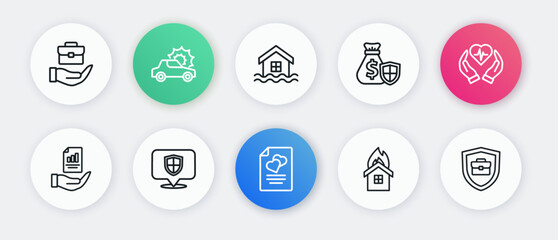Set line Marriage contract, Life insurance, Contract hand, Fire burning house, Money bag with shield, House flood, Briefcase and Location icon. Vector