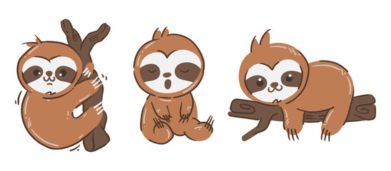 Set of sloth bear cartoon characters . Hand drawn style . White isolated background . Vector .