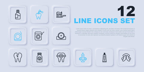 Set line Tube of toothpaste, Dental plate, floss, Syringe, Toothache painkiller tablet, with caries and drill and Teeth braces icon. Vector