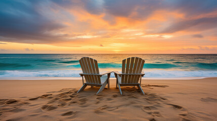 Сhairs on the sandy beach near the sea. Summer holiday and vacation concept for tourism.