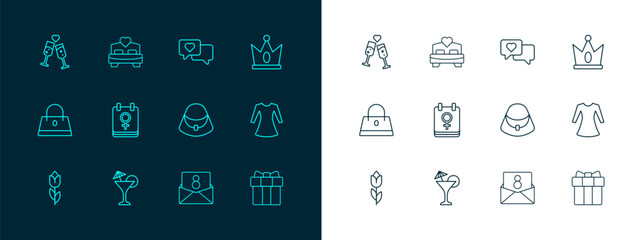 Set line King crown, Martini glass, Handbag, Envelope with 8 March, Calendar, Heart speech bubble, Glass of champagne and Bedroom icon. Vector