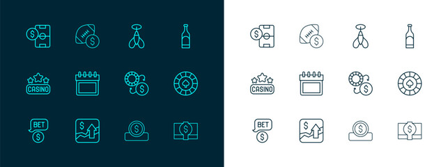 Set line Bottle of wine, Financial growth increase, Casino chips exchange, Coin money with dollar, Calendar, Dart arrow, Football betting and American football icon. Vector