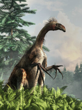 Therizinosaurus is one of the most unusual dinosaurs known to science. Likely a herbivorous theropod, it's known for its huge claws, large belly and long neck. 3D Rendering.