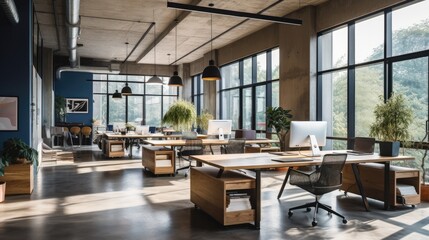 Fototapeta na wymiar Concrete walls modern work office, wooden deck in a clean and bright environment. Generative AI