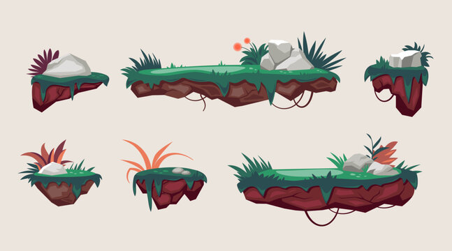 flying game islands. gaming interface design green landscapes, rocky platforms. vector cartoon flat graphics.
