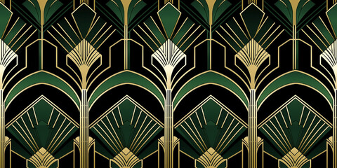 Seamless art deco golden green pattern. Mosaic for wallpaper in contemporary vintage style with bright and striking colors for the background. Tile ornament fabric backdrop.