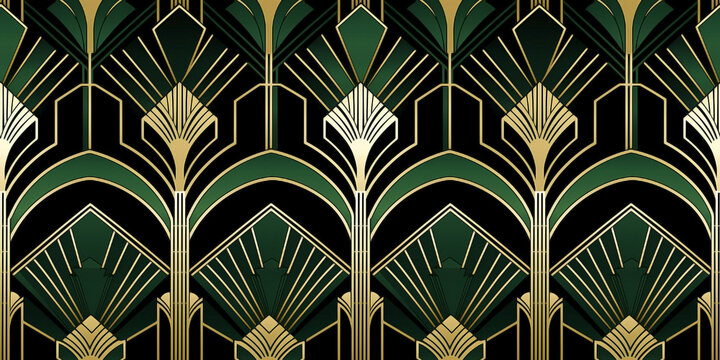 Fototapeta Seamless art deco golden green pattern. Mosaic for wallpaper in contemporary vintage style with bright and striking colors for the background. Tile ornament fabric backdrop.