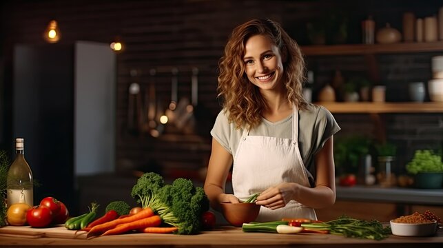 Portrait of beautiful young woman is preparing vegetable in the kitchen