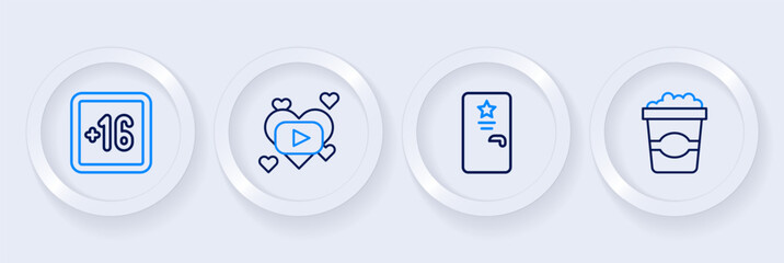 Set line Popcorn in cardboard box, Backstage, Romantic movie and Plus 16 icon. Vector