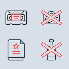 Fototapeta premium Set line Prohibition no video recording, Scenario, No alcohol and VHS cassette tape icon. Vector