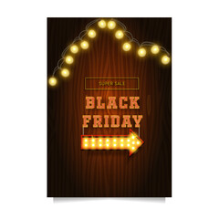 Black Friday Sale banner with retro billboard illuminated by lighting bulbs on wood background