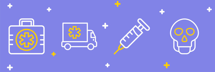 Set line Skull, Syringe, Ambulance car and First aid kit icon. Vector