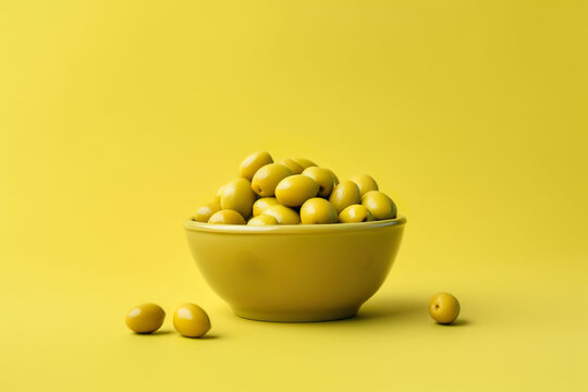 Green olives in a bowl on a yellow background. Copy space.