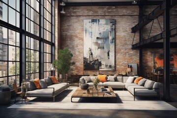 Industrial-Chic Interior, Exposed Brick and Artistic Flair Created with Generative AI