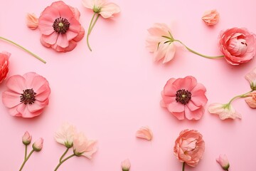Top view image of pink and purple flowers composition over pastel background, Generative AI