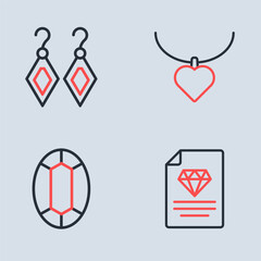Set line Necklace with heart shaped, Gem stone, Certificate of the diamond and Earrings icon. Vector