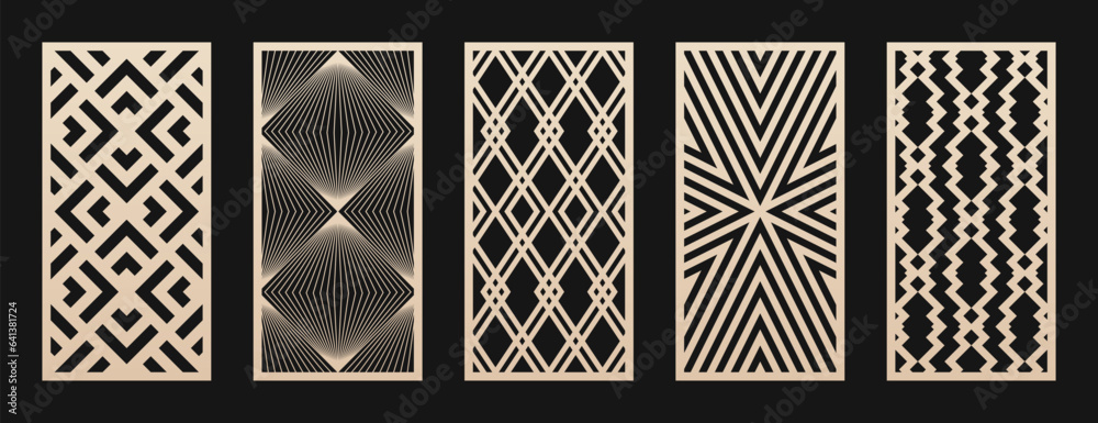 Aufkleber Laser cut patterns. Vector collection of CNC cutting templates with abstract geometric ornament, grid, mesh, lines, chevron. Decorative stencil for laser cut of wood, metal, plastic. Aspect ratio 1:2