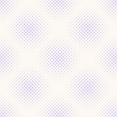 Vector seamless pattern with halftone grid. Abstract geometric background with crossing diagonal lines, squares, small rectangles, mesh. Lilac color half-tone texture. Modern trendy repeat geo design