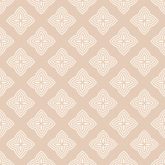 Simple vector floral geometric seamless pattern. Abstract geometric ornament with small flowers in oriental style. Subtle beige elegant mosaic background. Ornamental texture. Minimal repeat design