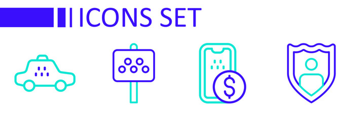 Set line Life insurance with shield, Mobile banking, Road sign for taxi stand and Taxi car icon. Vector