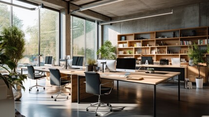Concrete walls modern work office, wooden deck in a clean and bright environment. Generative AI