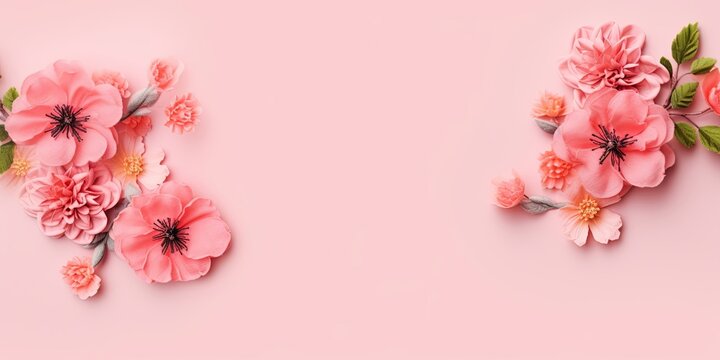 Top view image of pink flowers composition over pastel background, Generative AI