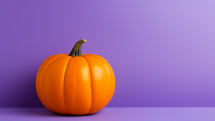 Pumpkin on purple background with copy space. Bright autumn holiday decoration.