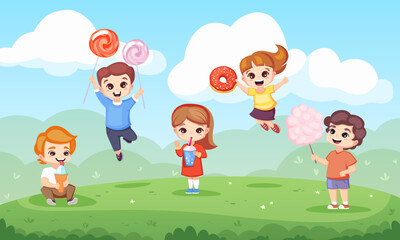 Obraz na płótnie Canvas kids with candies background. happy chibi children with sweets, candies having fun at the forest fantasy meadow. vector cartoon childish characters background.