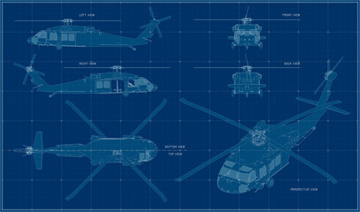 Medium-lift utility military helicopter. Helicopter us army. Multi-purpose helicopter. Blueprint with projections. Scale model.