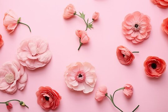 Top view image of pink flowers composition over pastel background, Generative AI