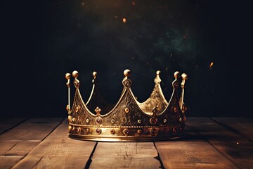 low key image of beautiful queen or king crown over wooden table. vintage filtered. fantasy medieval period, Generative AI