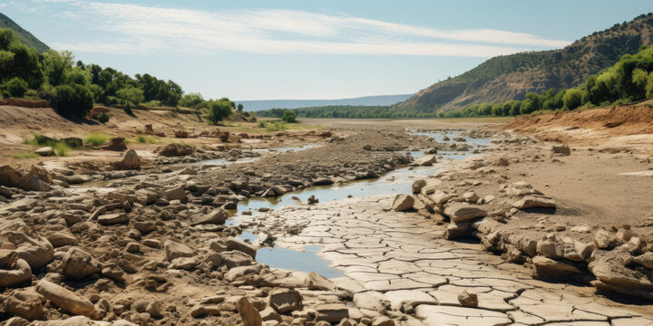 lit d'une rivi&egrave;re ass&eacute;ch&eacute;e en &eacute;t&eacute; lors d'une canicule