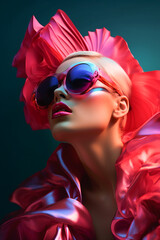 Vibrant color portrait of beautiful fashion model in haute couture designer clothing and dynamic makeup. Avante garde dresses with bold surrealistic concepts.