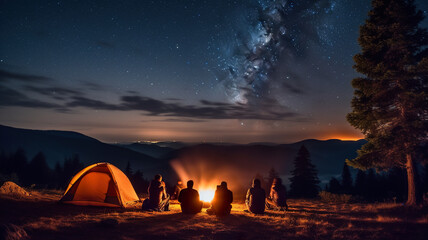 Camping in the mountains at night. Silhouettes of people on the background of the starry sky.