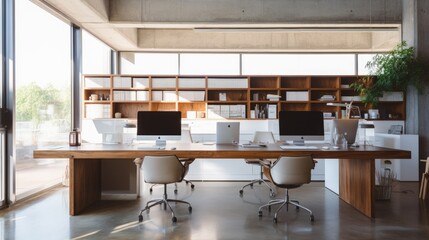 Concrete walls modern work office, wooden deck in a clean and bright environment. Generative AI