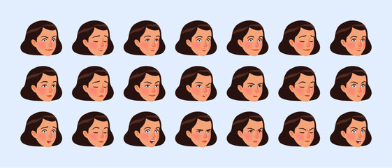 Sporty teenage girl emote set, young brunette hair woman portrait bundle. Healthy attractive female head facial expressions. Different cute face icons, positive, negative emotion pic. Vector cartoon