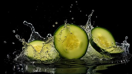 Cucumber slices with water splash, isolated on black background.