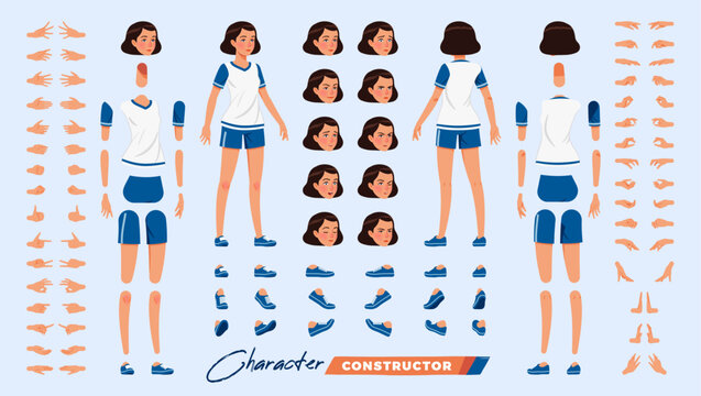 Sporty teenage, attractive brunette tomboy girl character DIY constructor. Active young woman figure parts. Head, leg, hand gestures, female coach different emotions. Vector cartoon construction kit