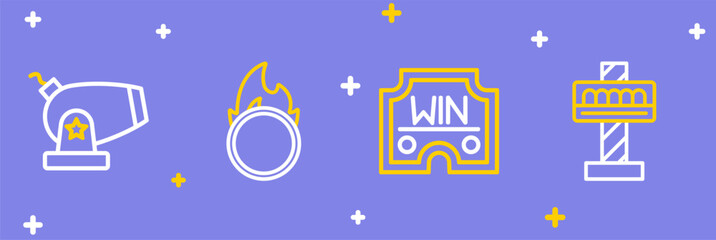 Set line Attraction carousel, Casino win, Circus fire hoop and Cannon icon. Vector