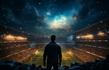 There is a football player in a stadium. The stadium is a digital creation that has been modeled...