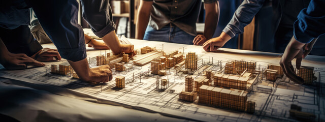 Team of architects and engineers study a blueprint of the future building