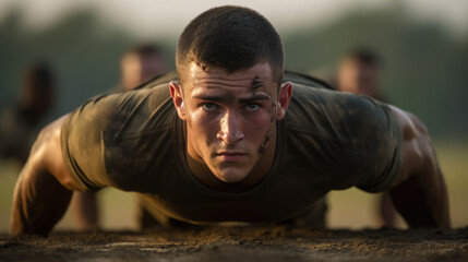 Male military man doing push-ups during a workout