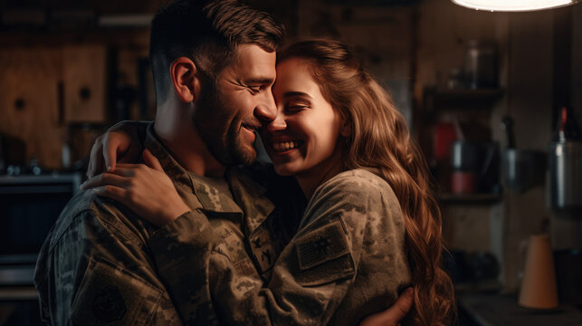 Military Officer Or Army Soldier. Happy Man Reunited With His Wife