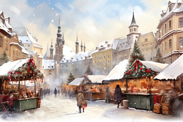 Prague, Czech Republic. Fairy tale winter night, Christmas decorated, waterwashed painting. - obrazy, fototapety, plakaty